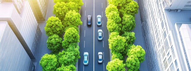 Aerial View of High-Tech City Scene with Eco-Friendly Cars