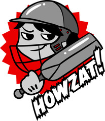 Flat cricket batter is posing wearing helmet, gripping bat with red burst on transparent background