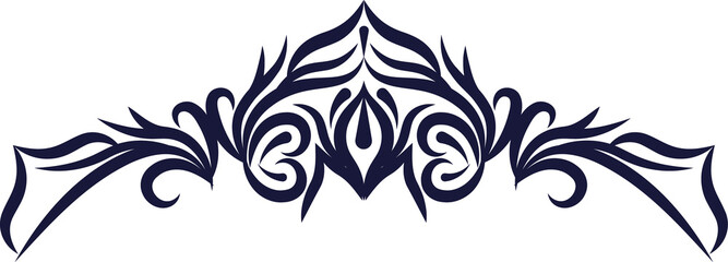 Symmetrical tribal motif flat vector is featuring navy swirls on transparent background, copy space