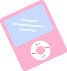 Pink MP3 player is tilting on transparent backdrop, vector style showing click wheel and screen