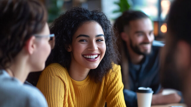 Close-up of friendly discussion between coworkers of different ethnicities