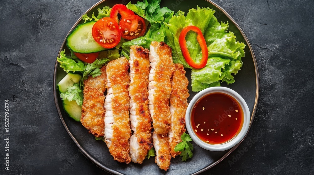 Poster an overhead shot of deep-fried fish fillets arranged neatly on a plate, drizzled with fish sauce and