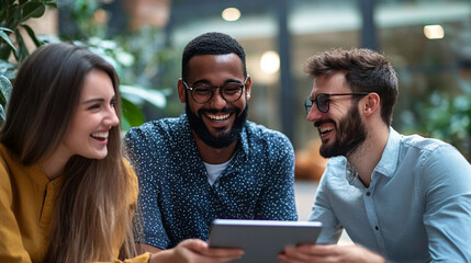 International coworkers sharing a light moment while working on a tablet