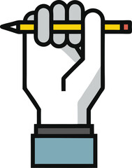 Hand holding pencil (writing or creativity)
 Minimalistic icon of a human hand gripping a yellow pencil upright, flat design with soft blue sleeve.