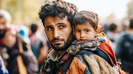 Emotional Moment of Displaced Father with Child in a World of Empathy