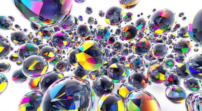 Geometric shapes continuously rotating in 3D space, changing colors and reflecting the surrounding environment