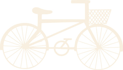 Showing off-white flat bicycle in profile with spoked wheels, woven basket, transparent background