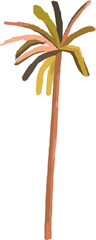 Stylized palm trunk is floating with multicolored brushstroke leaves on transparent background