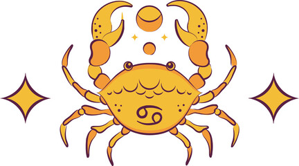 Stylized yellow crab is floating on transparent background with Cancer glyph and starburst motifs