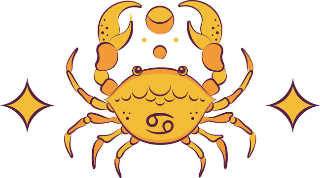 Stylized yellow crab is floating on transparent background with Cancer glyph and starburst motifs