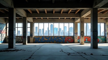 Obraz premium Urban Decay Graffiti Art Abandoned Building City Skyline View