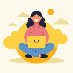 Happy Woman Working on Laptop in Cloud Vector Illustration