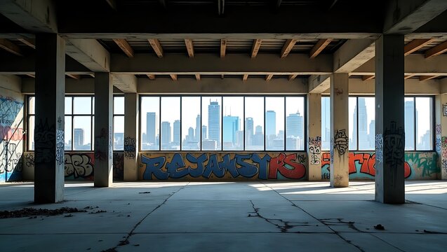 Urban Decay Graffiti Art Abandoned Building City Skyline View