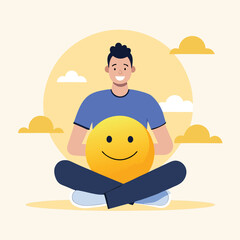 Happy Man Holding Smiling Face Vector Illustration