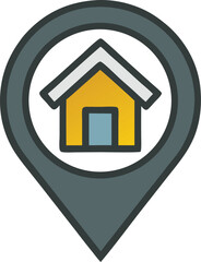 Map pin with house (property location)
 Line icon of a location pin with a house inside, blue pin with yellow roof.




