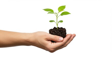 Close-up of a hand holding a small green plant in soil, symbolizing growth and nurturing