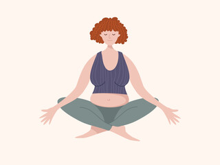 Flat cartoon illustration of a woman with a realistic body sitting in lotus pose. Body neutrality, mindfulness, meditation, and self-acceptance. Calm atmosphere. Minimal clean style.
