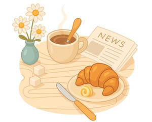 breakfast in a european cafe with a newspaper, coffee, a croissant with butter and daisies in a vase, delicate colors