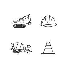 Construction Equipment Icons Including Helmet, Excavator, Cone, and Cement Mixer
