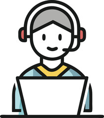 

Person with headset and laptop (online support or learning)
 Line icon of a person with a headset sitting at a laptop, flat design with soft yellow and blue tones, symbolizing remote support

