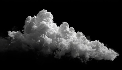 A large, fluffy cumulus cloud, grayscale, isolated on a pure black background; showing varying shades of light and dark gray