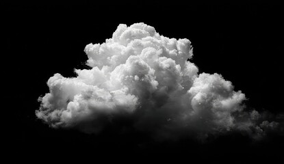 A large, fluffy cumulus cloud, stark white against a pure black background, fills the frame, exhibiting dramatic light and shadow