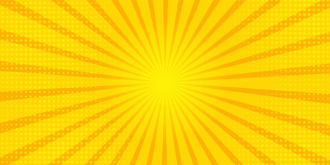 Abstract orange comic background. Art pop cartoon backdrop. Halftone effect pattern. Fun anime texture. Starburst manga style bg. Mark popart radial gradient. Spiral, swirl, comic rays.