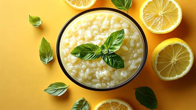 Delicious Lemon Rice Pudding Still Life with Fresh Basil and Citrus Fruit
