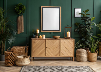 High‑Resolution 3D Living Room Mockup: Canvas Frame on Light Oak Cabinet Against Dark Green/Black Wall, Boho‑Chic Decor with Woven Baskets, Plants & Candles