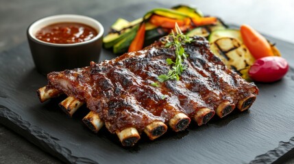 A beautifully plated dish of pork ribs with a spicy rub, served with a side of grilled vegetables and a tangy dipping sauce, set against a modern dining backdrop.