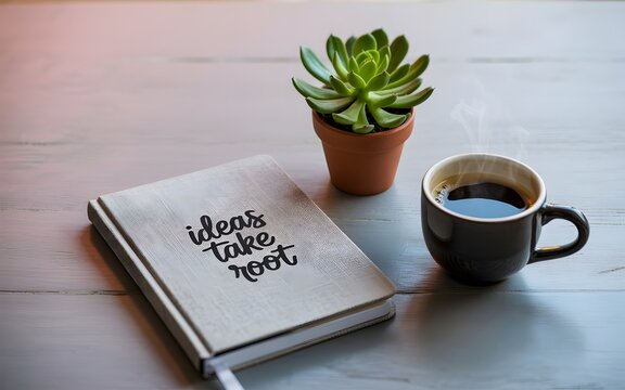Notebook with ideas take root next to coffee cup and succulent plant on a gray wood table