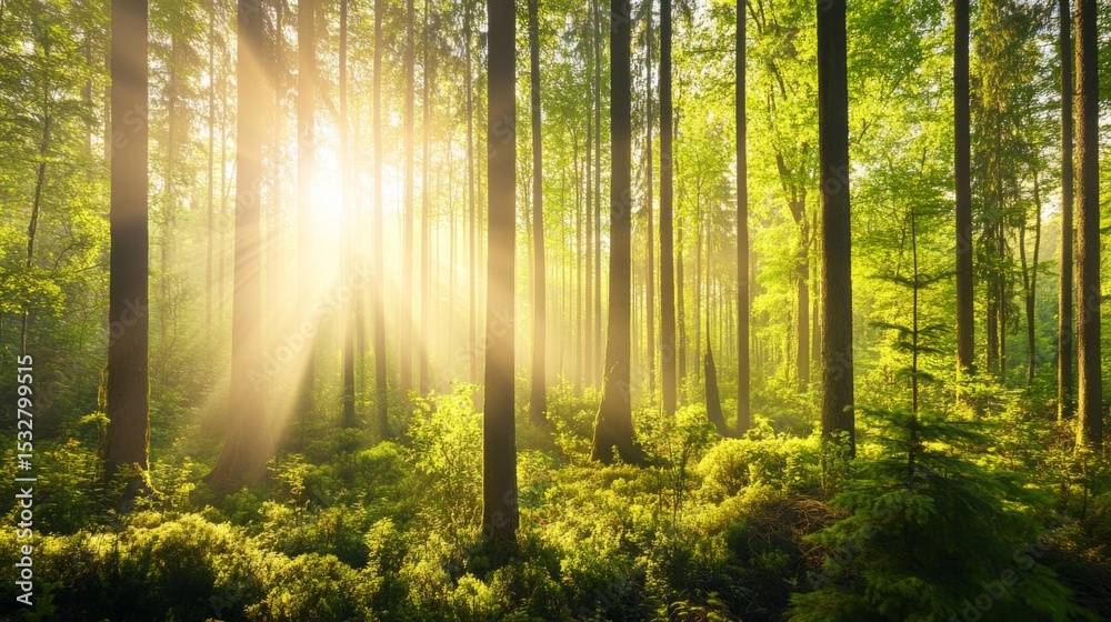 Poster a beautiful forest scene with tall trees and dappled sunlight filtering through the leaves, highligh
