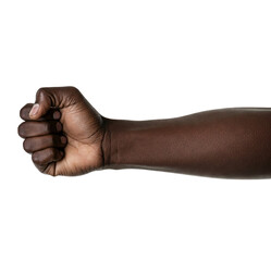 one Raised Fists: A Close-Up of Dark-Skinned Hands Clenched Tightly, Extending Upwards Against a Bright White Background, Suggesting Empowerment