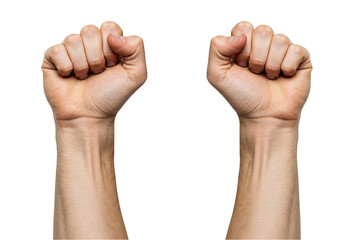 Upward Fists: Two Light-Skinned Arms Raised with Clenched Fists Against a White Backdrop, Suggesting Triumph or a Call to Action