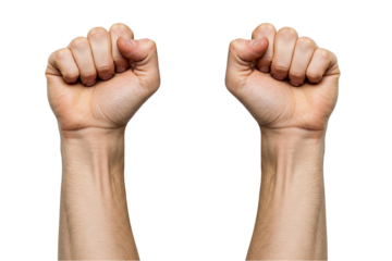 Upward Fists: Two Light-Skinned Arms Raised with Clenched Fists Against a White Backdrop, Suggesting Triumph or a Call to Action