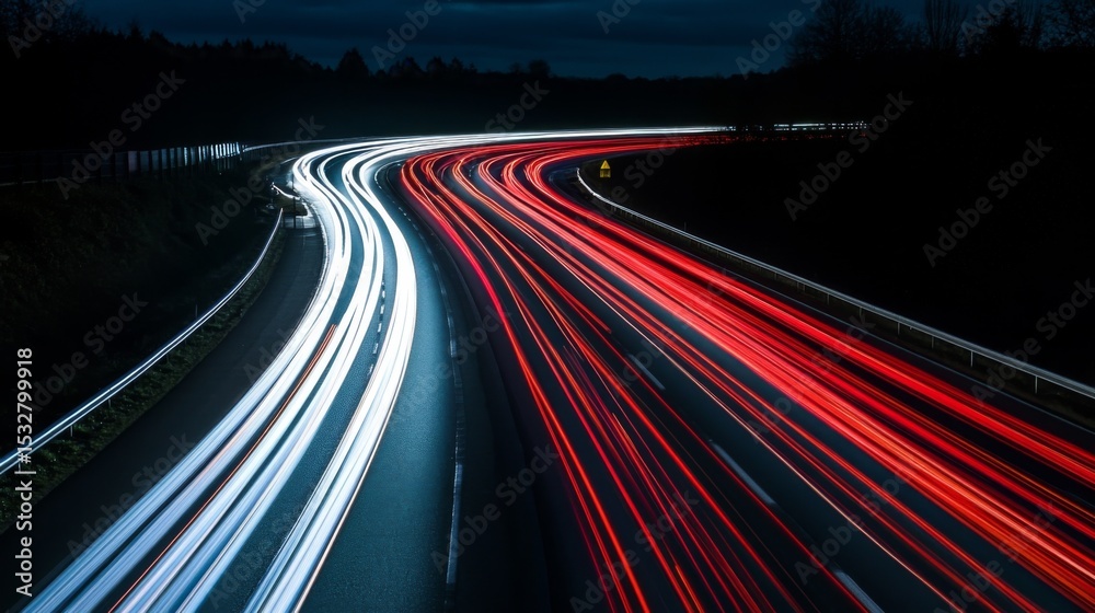 Poster a busy motorway at night, with long-exposure light trails from cars creating dynamic lines of red an