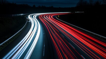 A busy motorway at night, with long-exposure light trails from cars creating dynamic lines of red and white.
