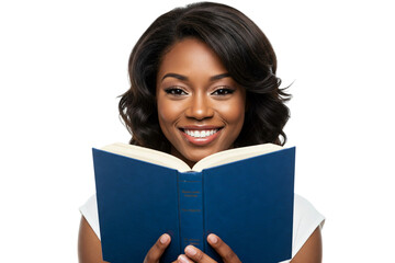 Smiling woman holding an open blue book, symbolizing joy in reading, learning, confidence, knowledge, and personal growth through literature on transparent background