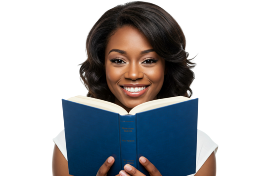 Smiling woman holding an open blue book, symbolizing joy in reading, learning, confidence, knowledge, and personal growth through literature on transparent background