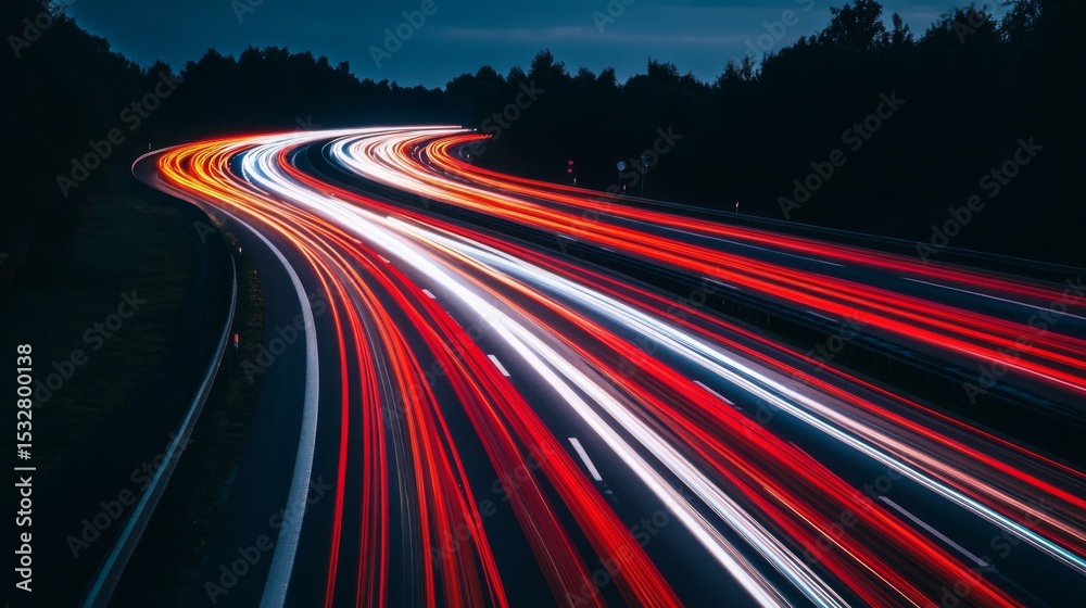 Poster a busy motorway at night, with long-exposure light trails from cars creating dynamic lines of red an