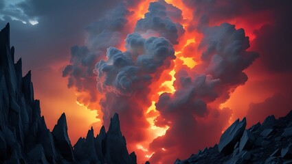 Fiery Erupting Clouds Over Jagged Dark Rock Formations
