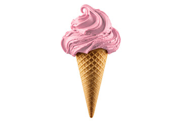 A single, perfectly swirled scoop of rich strawberry ice cream sits enticingly on a classic waffle cone on transparent background