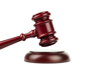 Wooden gavel poised above sound block symbolizes justice, legal decision-making, courtroom authority, judgment, fairness, and rule of law  on transparent background