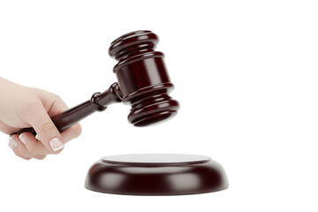 A female hand firmly holds a wooden gavel, poised above its round block, symbolizing justice and authority on transparent background