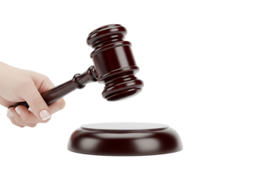 A female hand firmly holds a wooden gavel, poised above its round block, symbolizing justice and authority on transparent background