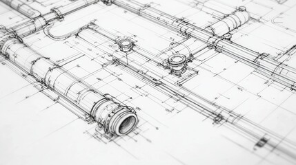 Detailed architectural drawing of plumbing system layout in a construction project