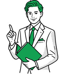 Businessman in formal suit presenting idea with confident gesture, holding green folder in hand, office attire with green tie and pocket square.
