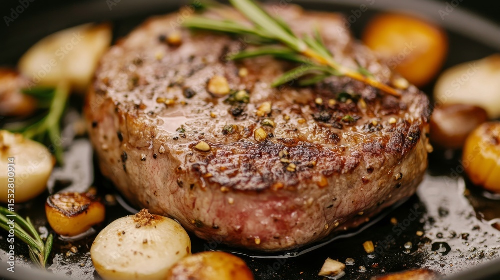 Aufkleber a close-up of a beef steak resting on a sizzling hot skillet, with herbs and garlic cloves, creating