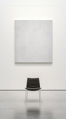 Minimalist artwork, a large off-white square canvas hangs on a stark white wall above a simple black chair, centered in a gallery space with a reflective floor