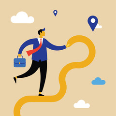 Businessman Walking a Winding Path to Success, Vector Illustration